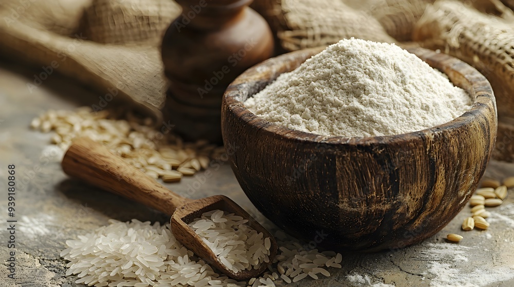 Rustic Still Life of Rice Flour and Grains in Wooden Bowl with Wooden Spoon on Textured Surface Rustic Still Life of Rice Flour and Grains in Wooden Bowl with Wooden Spoon on Textured Surface