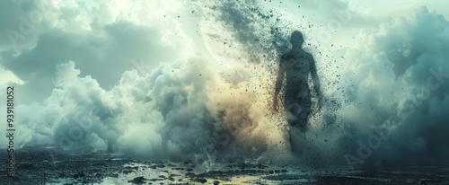 A grand portrayal of a person gradually becoming dust, representing the deep degradation and fragile boundary of existence.