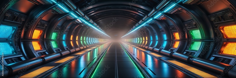 Naklejka premium Hi-tech neon sci-fi tunel. Trendy neon glow lines form pattern and construction