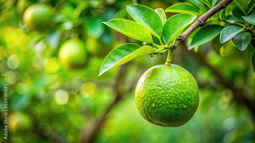Ripe Green Fruit Growing On A Branch Of A Tree With Lush Foliage Against A Partially Blurred Background Ripe Green Fruit Growing On A Branch Of A Tree With Lush Foliage Against A Partially Blurred Background