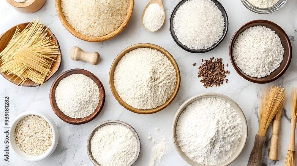 Neatly Arranged Gluten-free Baking Ingredients on Marble Countertop Neatly Arranged Gluten-free Baking Ingredients on Marble Countertop