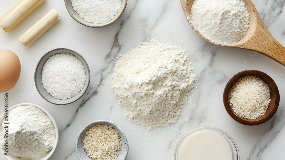 Assortment of Gluten-Free Baking Ingredients Neatly Arranged on Marble Surface Assortment of Gluten-Free Baking Ingredients Neatly Arranged on Marble Surface