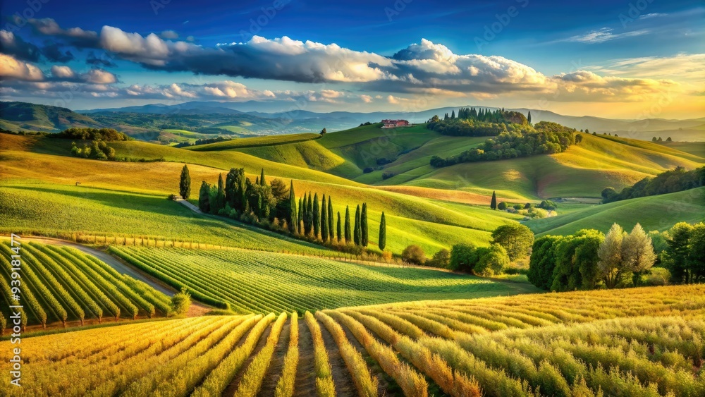 Fototapeta premium Rolling hills of golden wheat and green vineyards stretch towards the horizon under a bright blue sky in the picturesque Italian countryside of Tuscany.