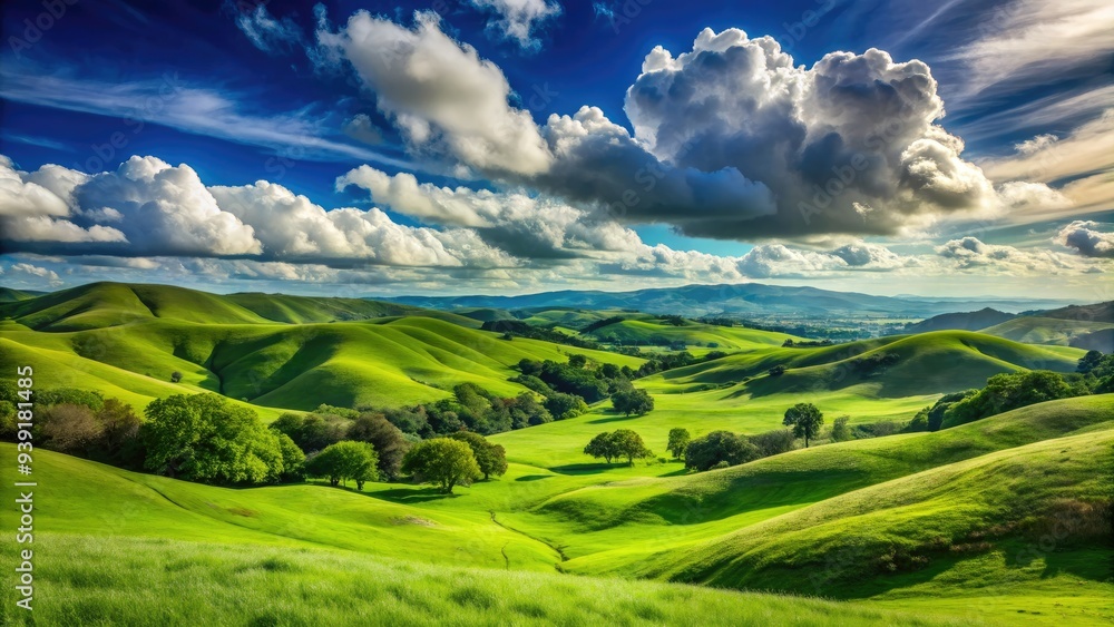Rolling hills of lush green grass stretch towards the horizon under a bright blue sky with a few puffy white clouds in San Ramon Valley. Rolling hills of lush green grass stretch towards the horizon under a bright blue sky with a few puffy white clouds in San Ramon Valley.