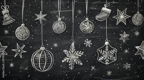 Chalkboard Christmas ornaments with festive charm against starry background