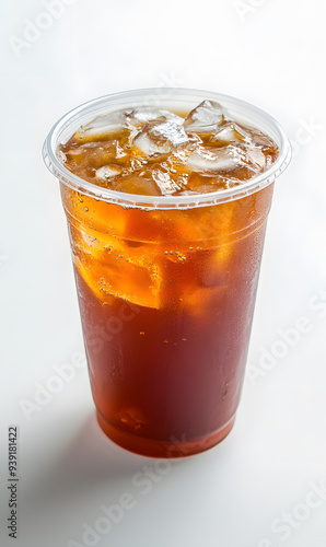 Cold tea drink in plastic cup isolated on white background