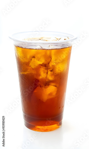 Cold tea drink in plastic cup isolated on white background