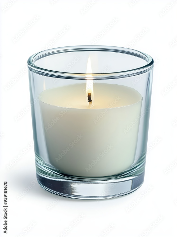 White candle in a glass container, isolated on a white background White candle in a glass container, isolated on a white background