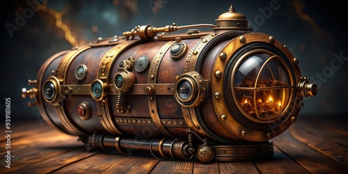 Aetherpunk Capsule: Capsule with steampunk aesthetics, brass fittings, leather accents, vintage, retro-futuristic photo