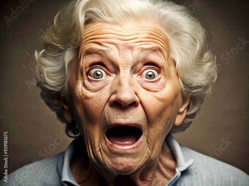 Aged Aghast Expression: Elderly woman with wide-eyed shock, furrowed brows, and open mouth.