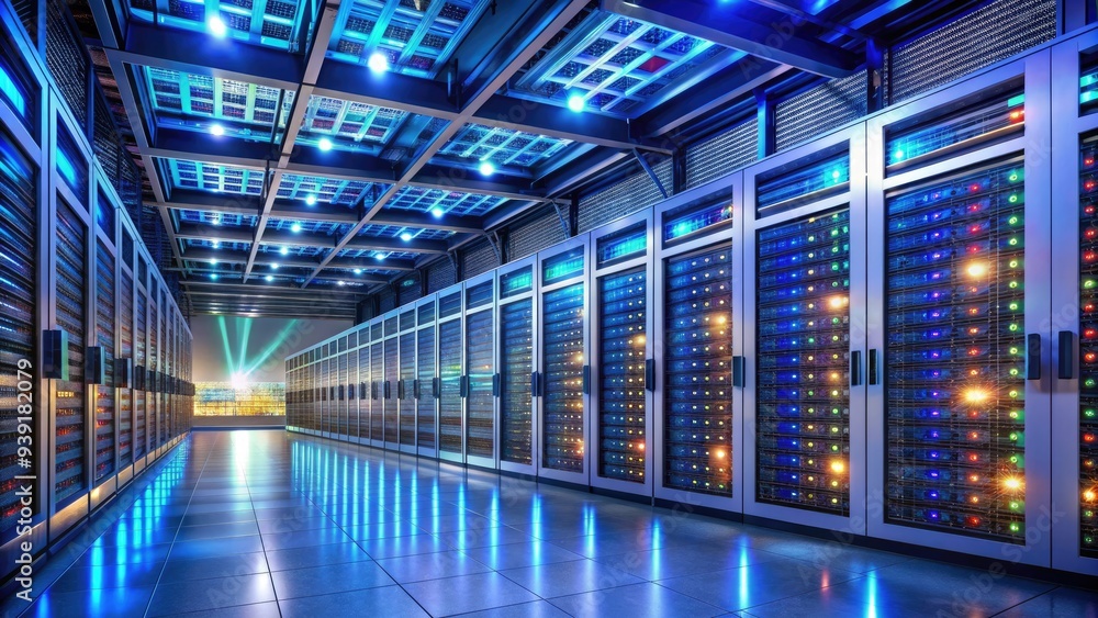 Row of tall metal storage racks filled with rows of humming servers and data storage devices in a brightly lit, air-conditioned data center. Row of tall metal storage racks filled with rows of humming servers and data storage devices in a brightly lit, air-conditioned data center.