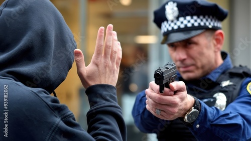 Police Officer Aiming Gun at Suspect with Raised Hands in Urban Setting