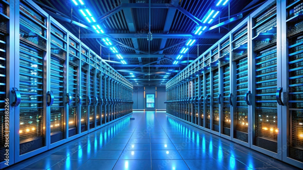 Obraz premium Rows of humming servers and blinking routers fill a modern data center, illuminated by soft blue lights, with cables and pipes lining the floor.