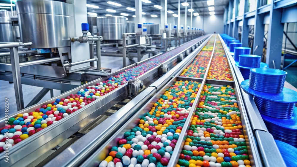 Rows of machinery and conveyor belts fill a sterile pharmaceutical factory, producing a vast quantity of various colored pills and capsules in airtight packaging. Rows of machinery and conveyor belts fill a sterile pharmaceutical factory, producing a vast quantity of various colored pills and capsules in airtight packaging.
