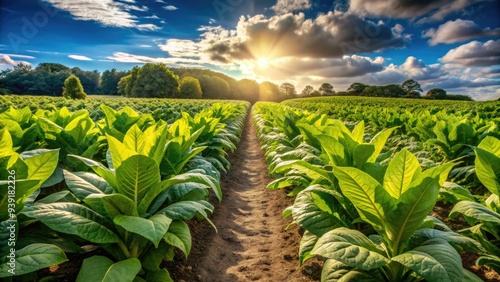 Rows of lush green tobacco leaves stretch towards the sky, carefully planted and tended in a fertile field under a warm sunny day. photo