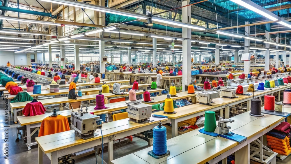 Rows of workstations with sewing machines and half-finished gloves scattered on tables, amidst rolls of colorful fabric and thread, in a busy manufacturing facility. Rows of workstations with sewing machines and half-finished gloves scattered on tables, amidst rolls of colorful fabric and thread, in a busy manufacturing facility.
