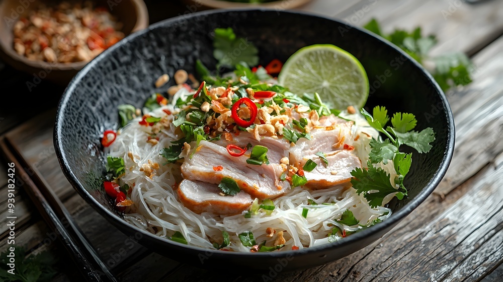 Beautifully Plated Bowl of Asian Noodles with Herbs,Lime,and Sliced Meat on Wooden Table Beautifully Plated Bowl of Asian Noodles with Herbs,Lime,and Sliced Meat on Wooden Table