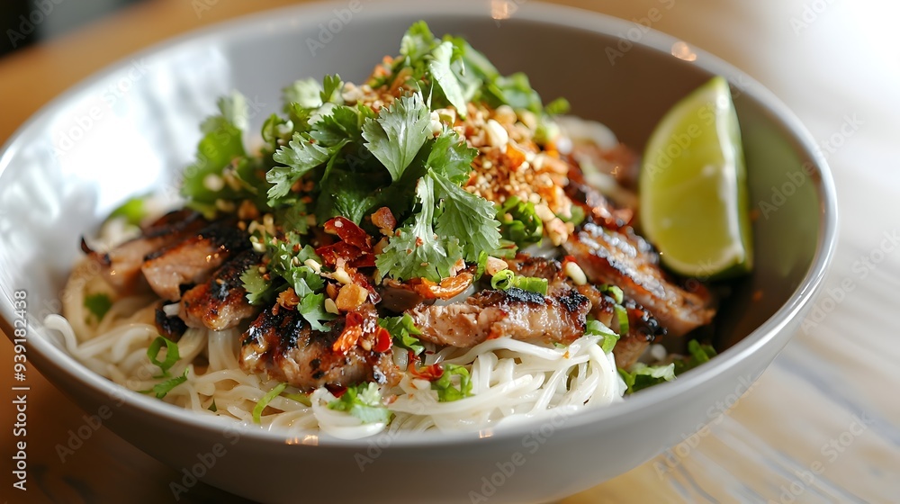 Artfully Styled Bowl of Asian-Inspired Rice Noodle Dish with Fresh Herbs and Sliced Meat Artfully Styled Bowl of Asian-Inspired Rice Noodle Dish with Fresh Herbs and Sliced Meat