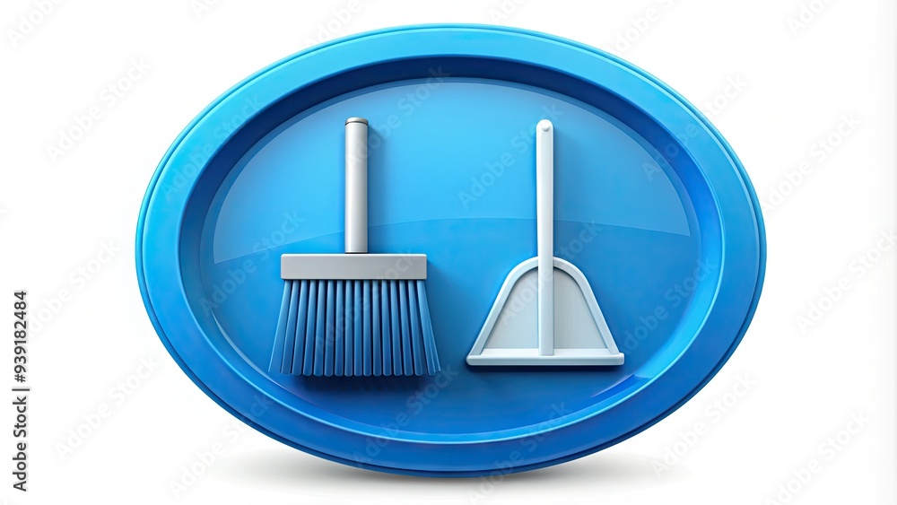 Royalty-Free Image Depicting A Broom And Dustpan Within A Circular, Blue Icon. Royalty-Free Image Depicting A Broom And Dustpan Within A Circular, Blue Icon.
