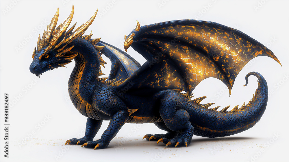 Majestic blue and gold dragon isolated on a transparent background ...
