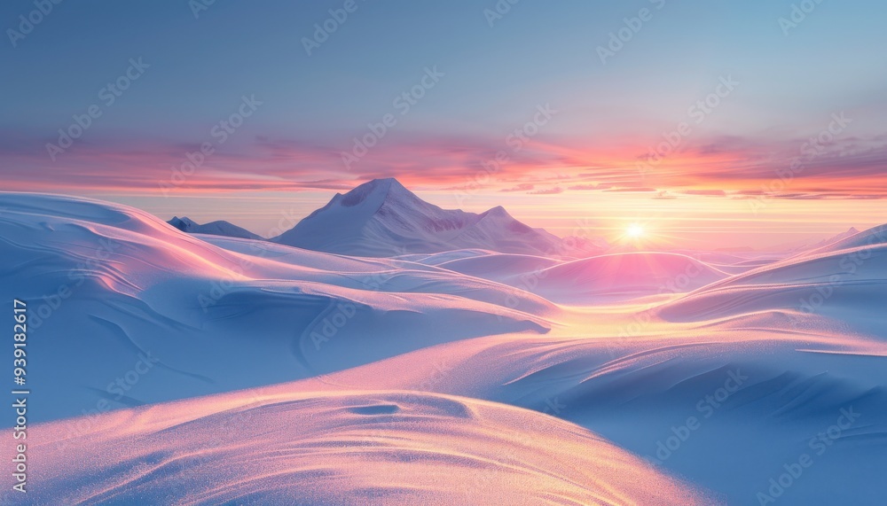 Breathtaking sunset over snowy mountains and untouched white landscapes, with vibrant pinks and blues painting the sky in a serene winter scene. Breathtaking sunset over snowy mountains and untouched white landscapes, with vibrant pinks and blues painting the sky in a serene winter scene.