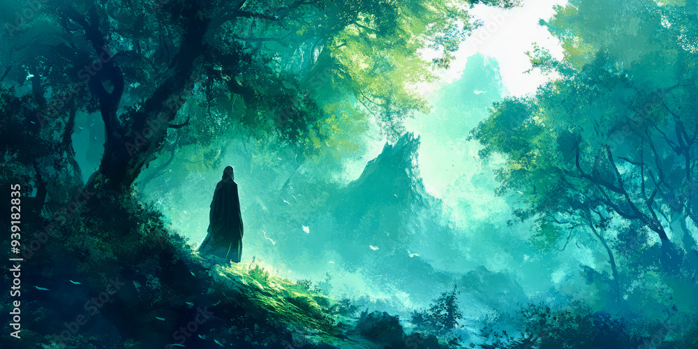 Fototapeta premium Enchanted Forest with Mysterious Cloaked Figure 