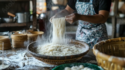 Fototapeta Naklejka Na Ścianę i Meble -  Handmade Asian Rice Noodles in Traditional Kitchen Setting