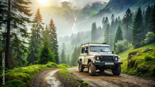 Rugged white classic off-road vehicle with chrome bumpers and alloy wheels drives through a scenic mountain trail surrounded by lush green forest and misty atmosphere. photo