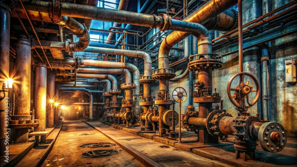Rusted industrial piping system with valves, gauges, and fittings ...