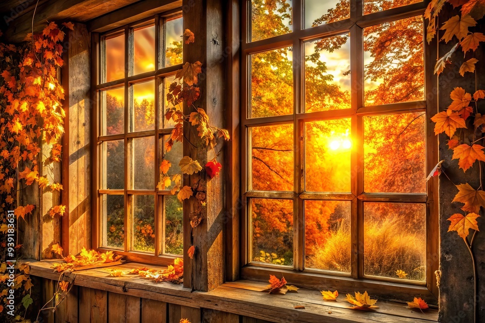 Autumnal Glow through Panes: Warm colors, golden leaves, rustic window frames, cozy atmosphere, seasonal beauty Autumnal Glow through Panes: Warm colors, golden leaves, rustic window frames, cozy atmosphere, seasonal beauty