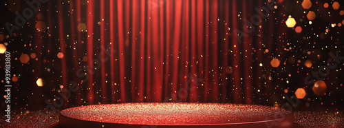Red carpet stage with golden curtain on transparent background, ideal for glamorous event designs.
