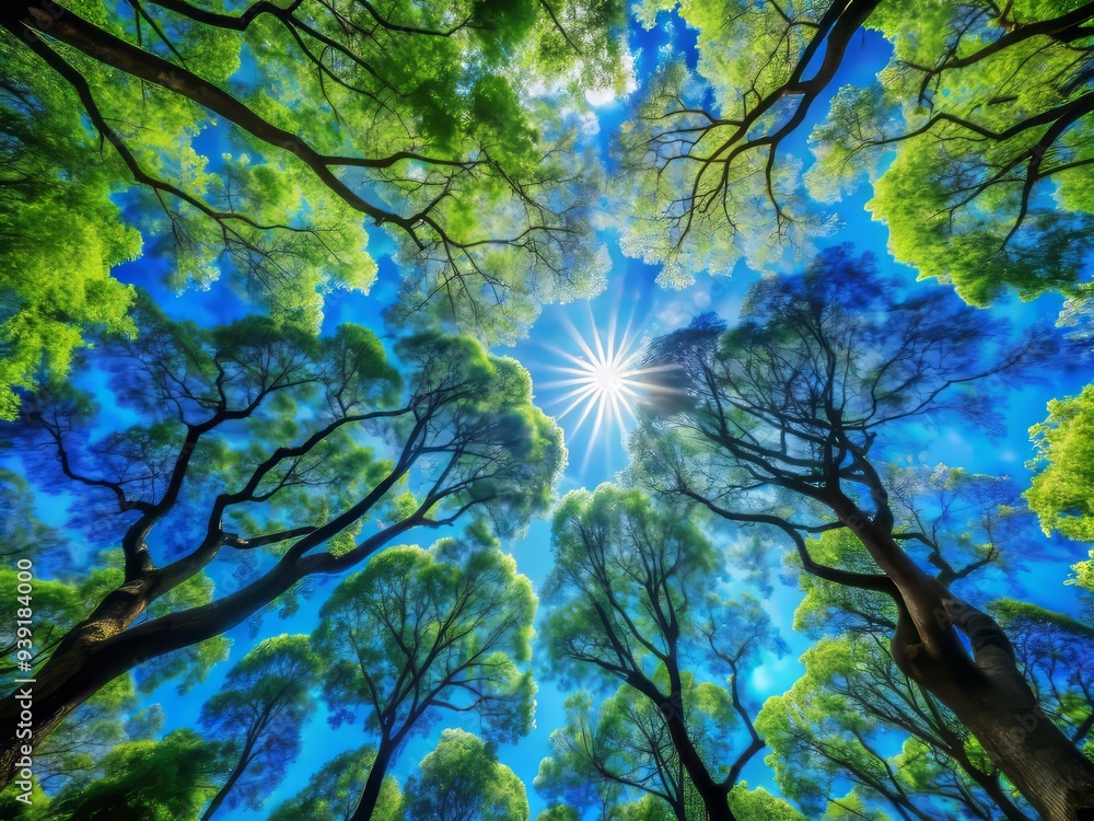 Fototapeta premium Azure Canopy Radiance: Brilliant blues and greens of a tree canopy, capturing the brilliance of nature.
