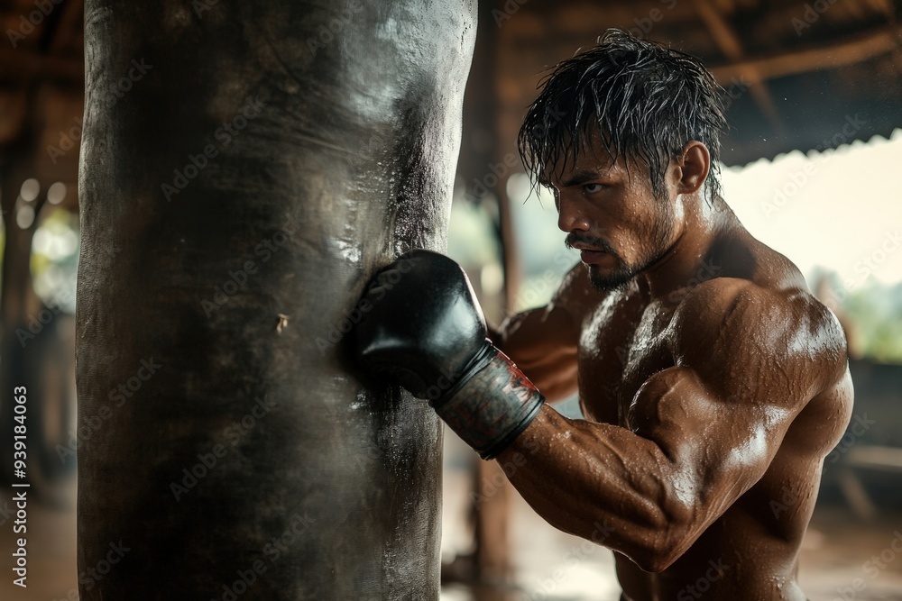 A sweaty muscular man, wearing boxing gloves, fervently punches a heavy boxing bag in what appears to be an intense training session at a rustic gym. A sweaty muscular man, wearing boxing gloves, fervently punches a heavy boxing bag in what appears to be an intense training session at a rustic gym.