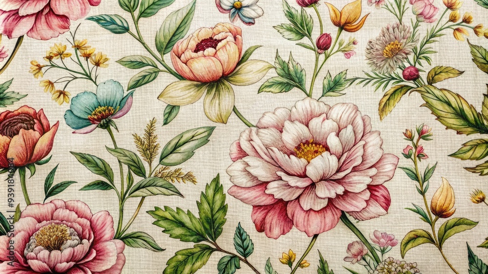 Rustic cotton fabric with a hand-drawn sketch of a botanical flower blooming with delicate petals and leaves, evoking a sense of vintage nostalgia and simplicity. Rustic cotton fabric with a hand-drawn sketch of a botanical flower blooming with delicate petals and leaves, evoking a sense of vintage nostalgia and simplicity.