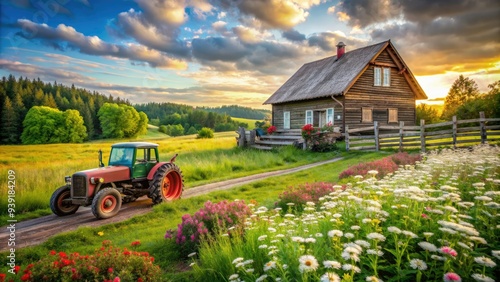 Rustic farmhouse surrounded by lush green fields and blooming wildflowers, with vintage tractor and wooden fences, conveying a sense of rural simplicity and harmony. photo