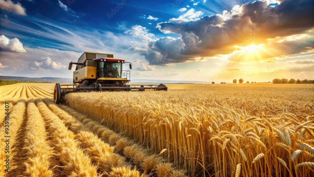 Fototapeta premium Rustic golden wheat fields stretch towards the horizon as a modern combine harvester efficiently gathers the ripe crop on a sunny summer afternoon.