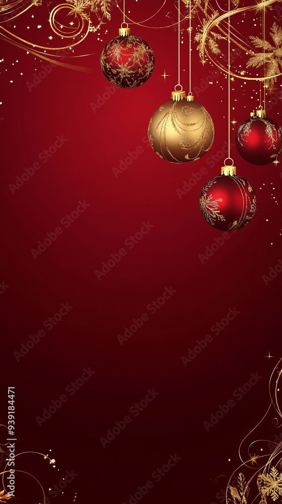 Red and gold Christmas background with ornaments and golden pine branches. Red and gold Christmas background with ornaments and golden pine branches.