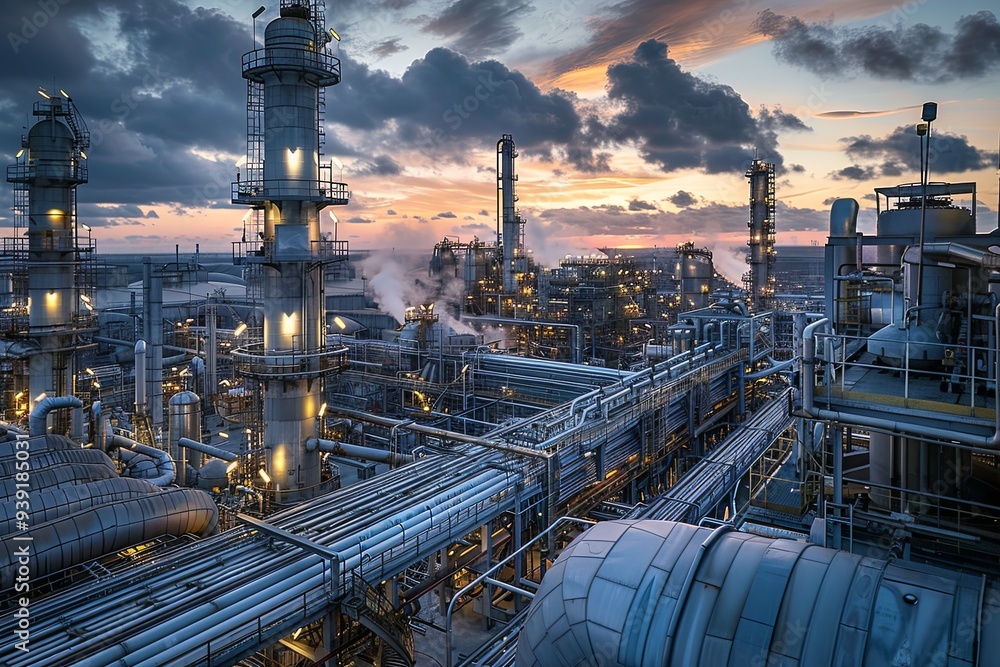 Industrial complex at sunset with pipes and towers. Industrial complex at sunset with pipes and towers.