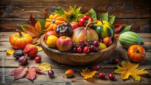 Rustic wooden bowl filled with seasonal fruits and vegetables, scattered on a distressed wooden table, surrounded by fallen leaves and twirling vines. photo