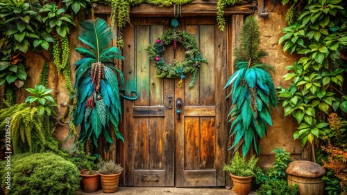 Rustic wooden door adorned with vintage turquoise and feather decor, surrounded by lush greenery, evoking a free-spirited, eclectic western bohemian aesthetic. photo