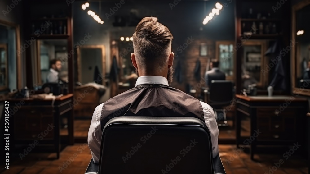 Back view of man sitting in barbershop chair. Neural network ai generated art Back view of man sitting in barbershop chair. Neural network ai generated art