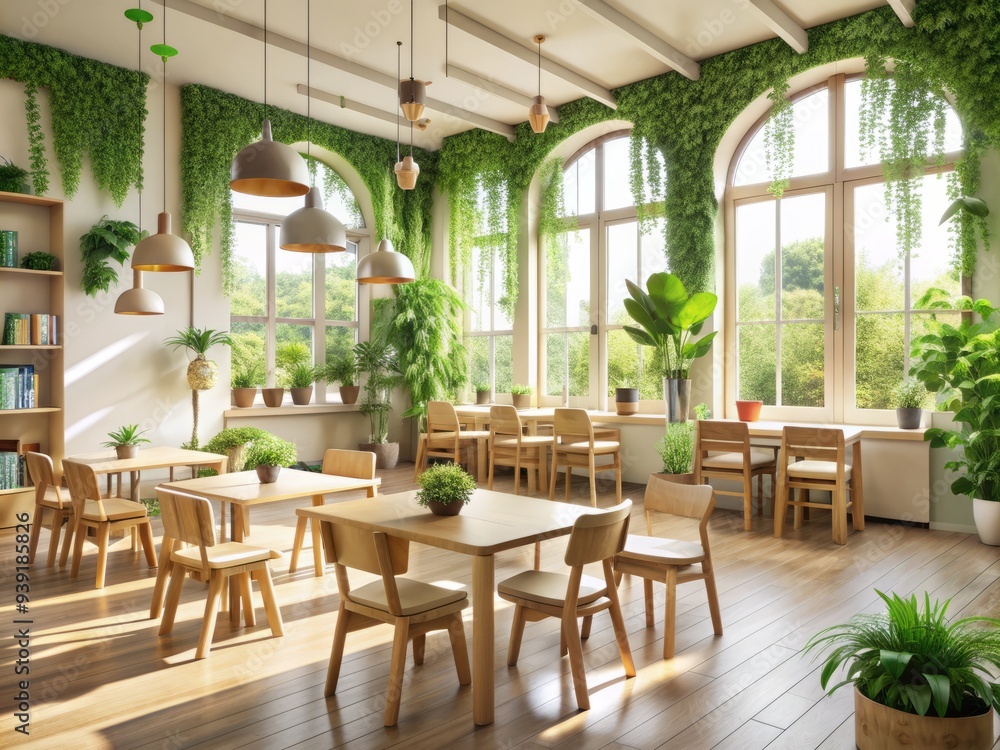 Botanical Inspired Classroom: Natural wood chairs, lush greenery, organic shapes, calming colors, serene. Botanical Inspired Classroom: Natural wood chairs, lush greenery, organic shapes, calming colors, serene.