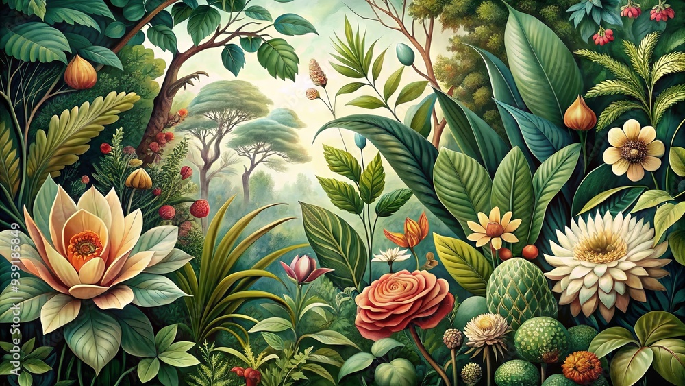 Obraz premium Botanical Rhapsody: Verdant landscapes, intricate leaves, blooming flowers, earthy tones, serene and organic