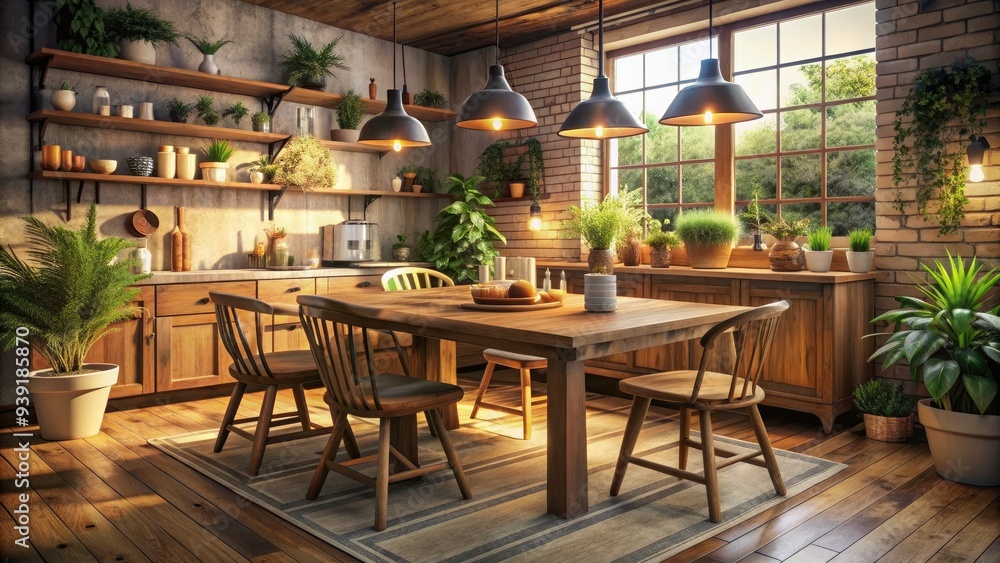 Obraz premium Rustic wooden table sits in the center of a cozy kitchen, surrounded by warm lighting, wooden chairs, and a few potted plants, evoking a sense of comfort.