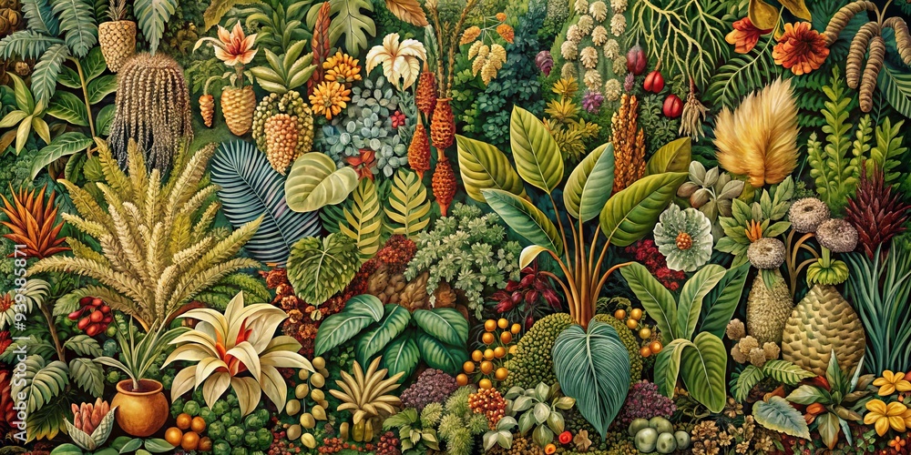Obraz premium Botanical Tapestry: Lush, intricate, botanical patterns, warm colors, organic textures