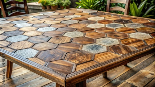 Rustic wooden table top with a beautiful inlay of hexagonal tiles in a mixture of earthy tones, creating a cozy and natural ambiance. photo