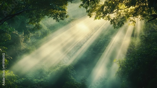 Mystical Forest Sunbeams Peering Through Verdant Foliage