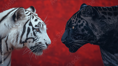 Intense face-off between a white tiger and black panther, isolated on transparent background.
 photo