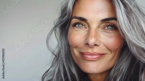 A close-up portrait of a smiling woman with long gray hair and bright eyes.