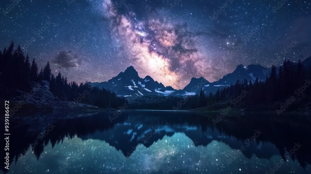 Milky Way Galaxy Reflecting in Mountain Lake at Night Milky Way Galaxy Reflecting in Mountain Lake at Night